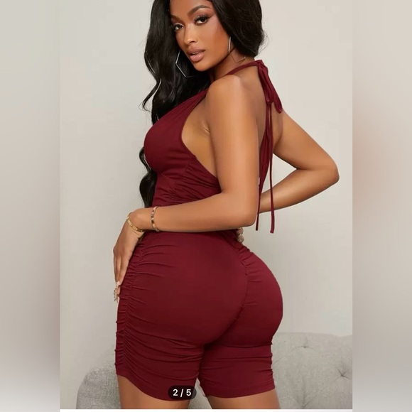 Red Halter Ruched Unitard - Picture 2 of 5